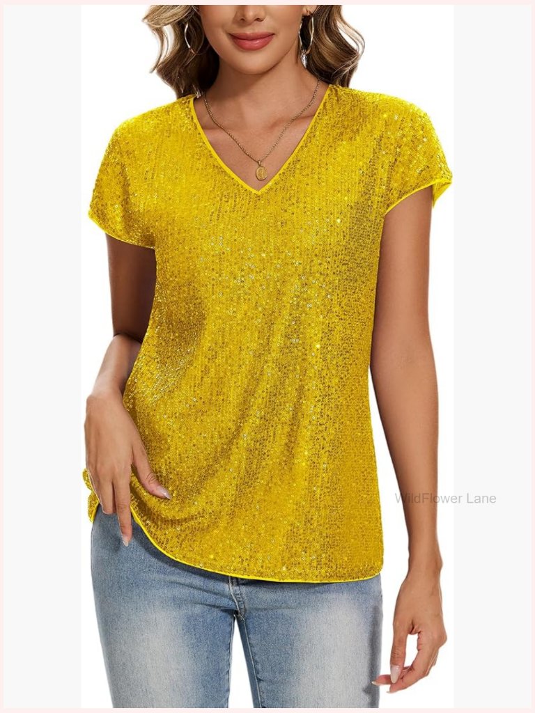 Full Sequin Glitter Party Top Cap Sleeve V-Neck Tunic Blouse